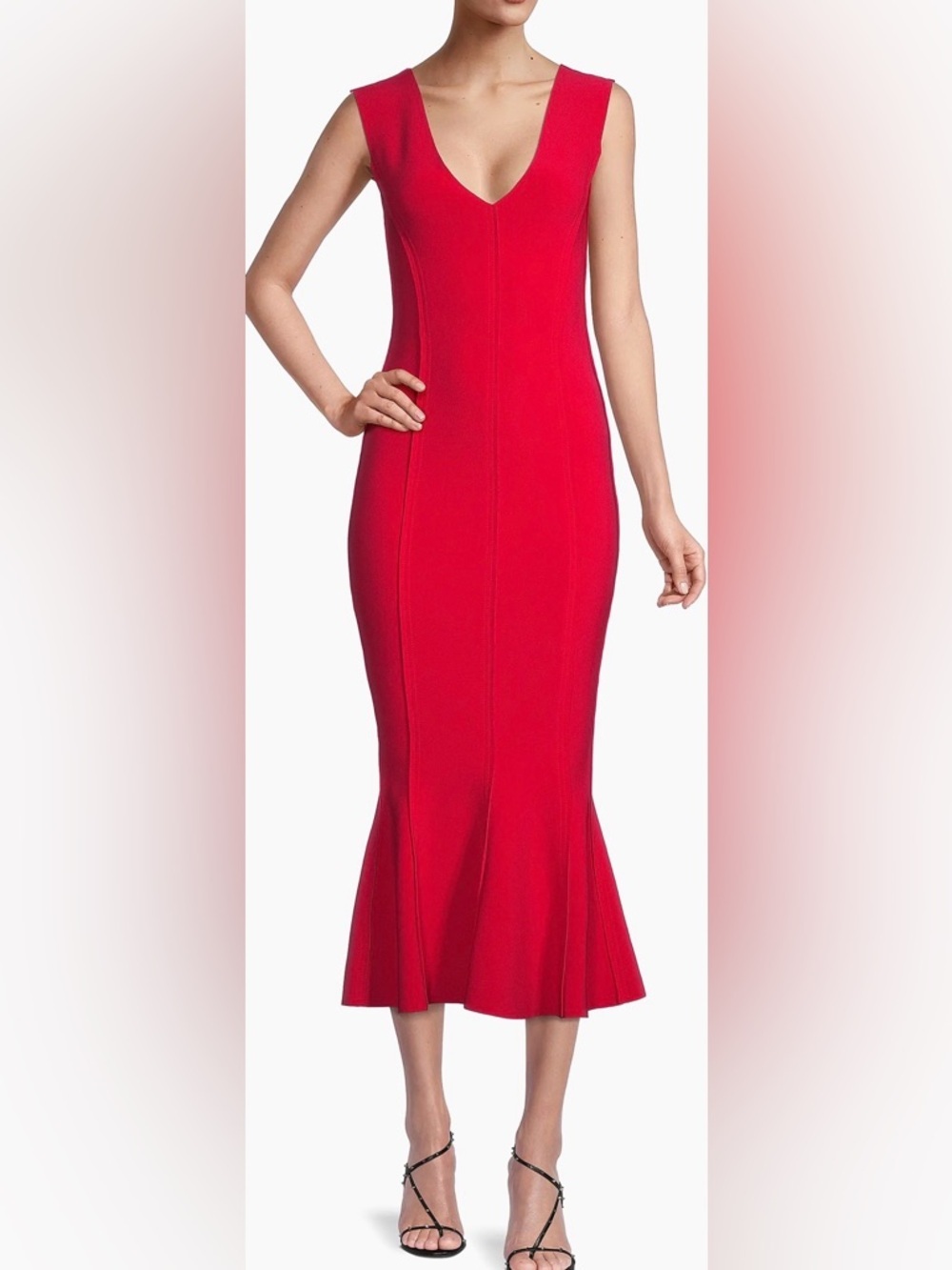 NEW Norma Kamali Grace Sleeveless Flounce-Hem Red Midi-Dress Sz S